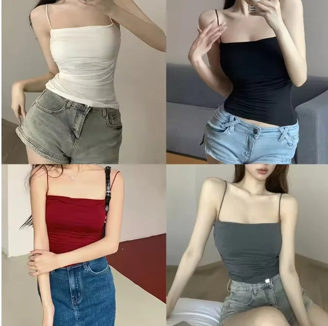 Women's Sleeveless Top Tank Underwear Fitted Camisole Sexy Short Top With Thin Straps Plain White Tank Top Korean Style